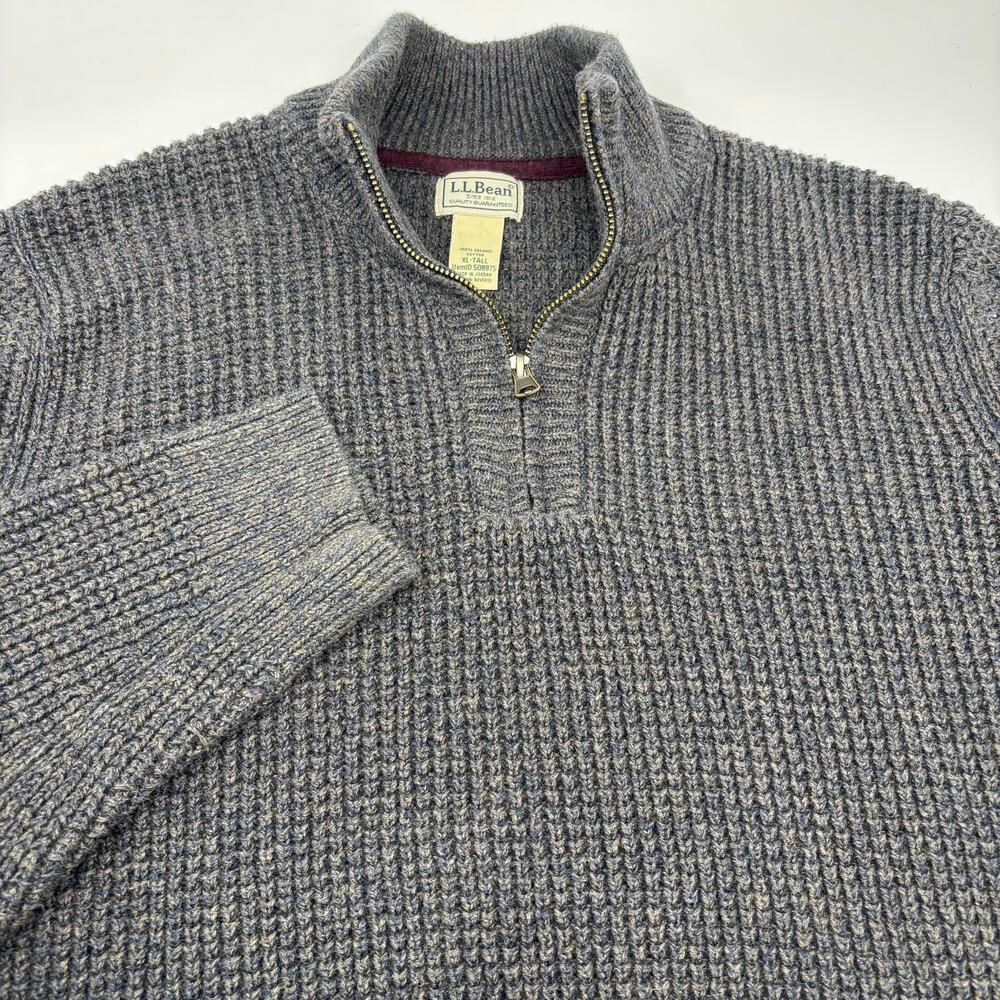 L.L. Bean XLT Gray Blue 1/4 Zip Waffle Knit Long Sleeve Pullover Thick Sweater
